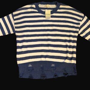 NWT ee:some Ripped Blue and White Striped Sweater Large